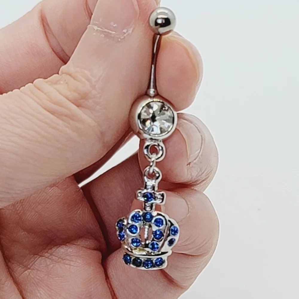 Sterling Silver Belly button Ring blue crown